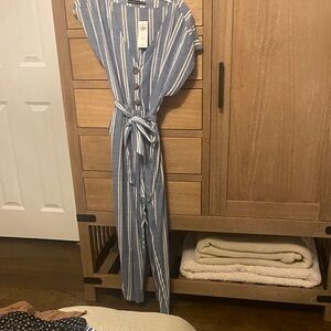 Petite Blue and White V Neck Striped Blue Jumpsuit